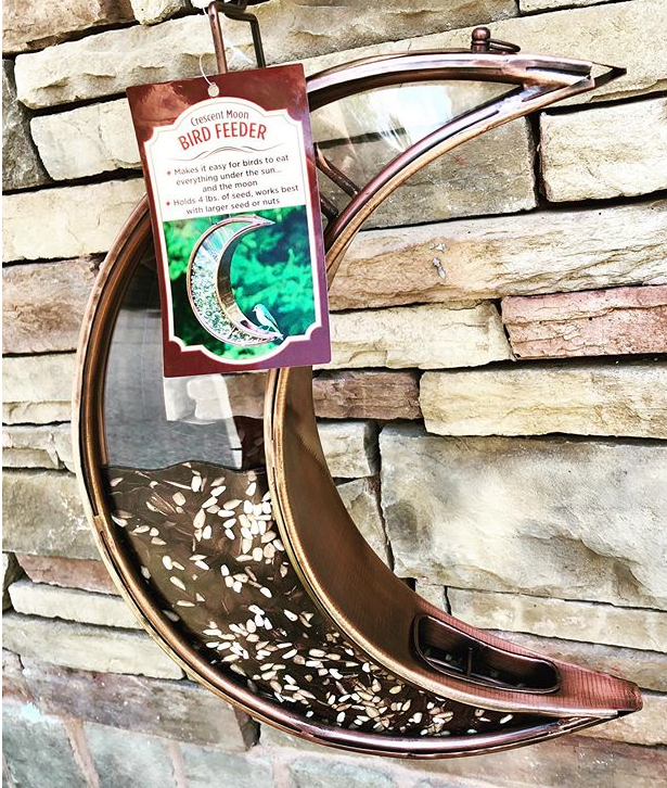 bird feeder, copper, moon, crescent, decorative