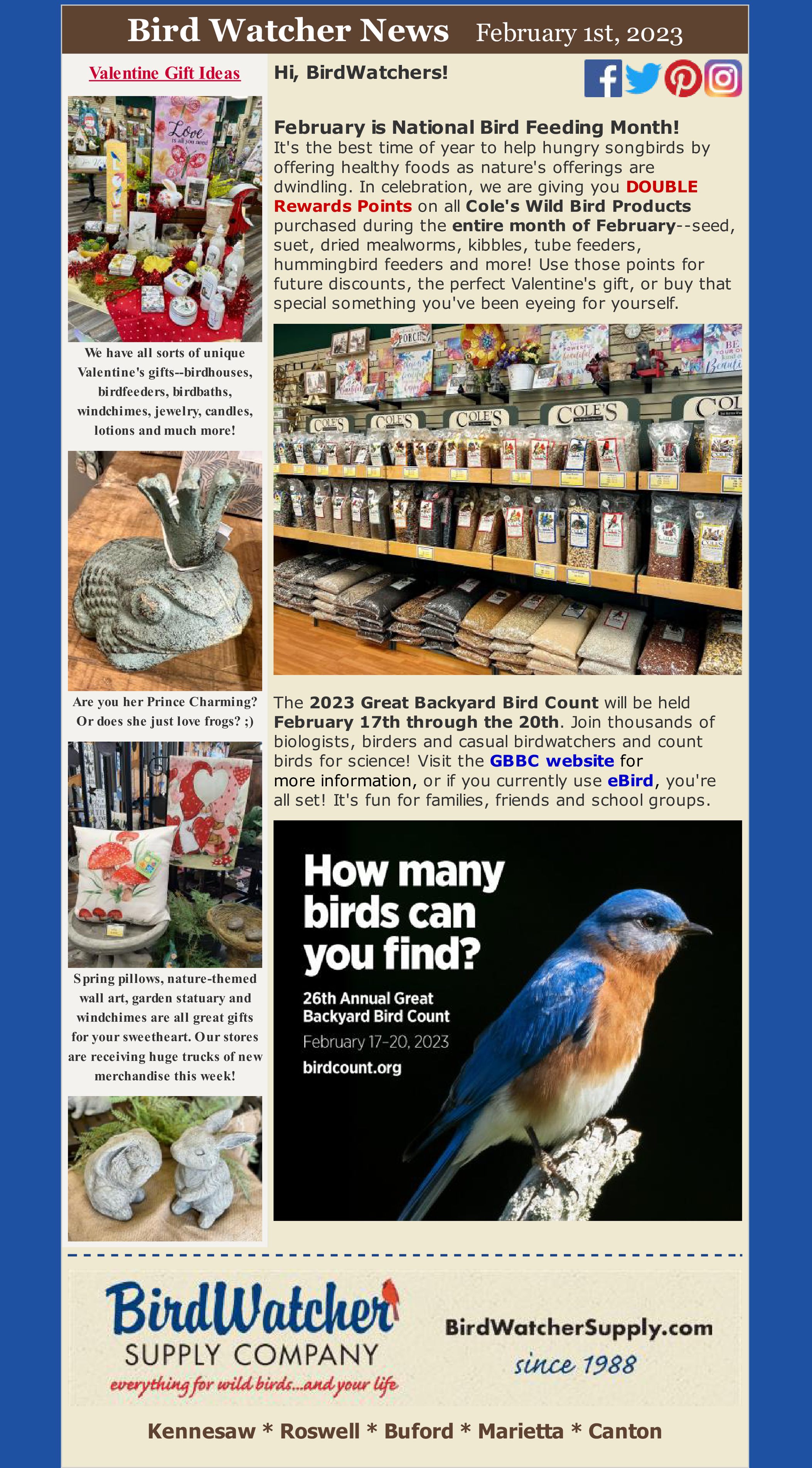 National Bird Feeding Month, Cole's, Valentine's, pillows garden flags, home decor, gifts, frog prince, birdfeeders, birdbath