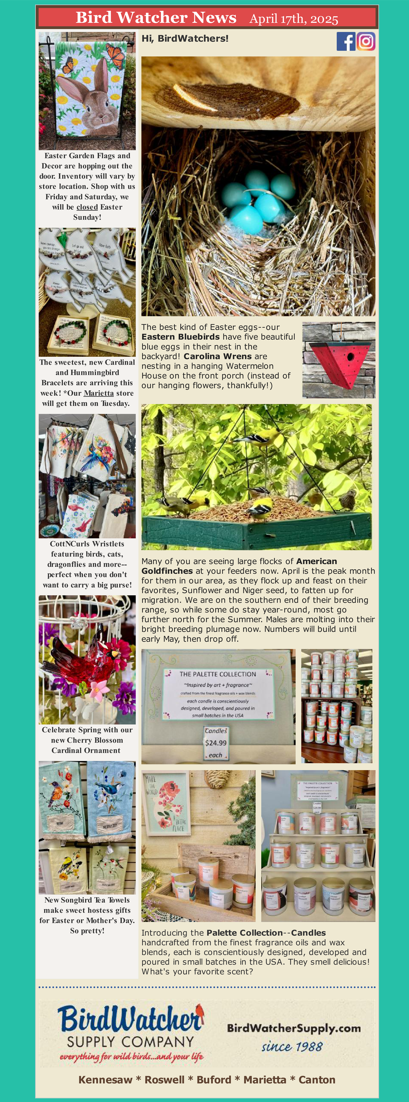 gifts, garden, Easter, Mother's Day, candles, tea towels, hummingbirds, cardinals, wristlets, bracelets