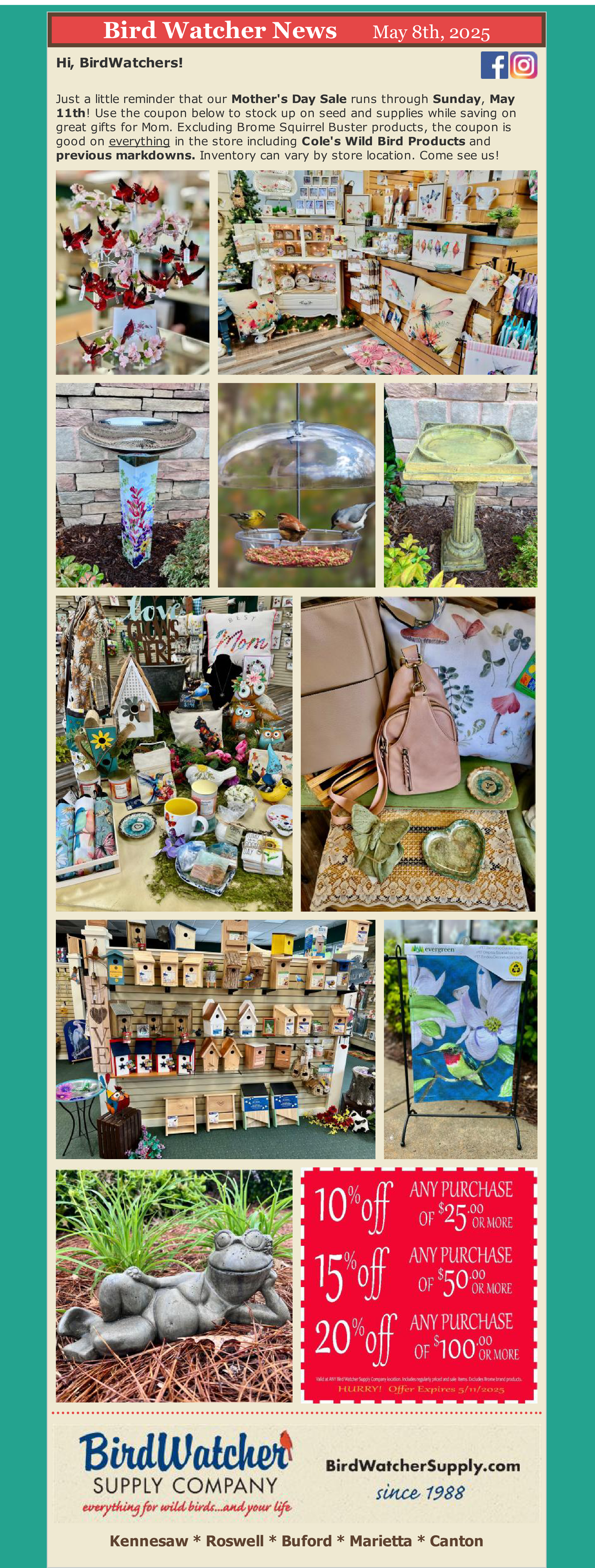 gifts, garden, Mother's Day Sale, candles, tea towels, hummingbirds, cardinals, wind chimes, birdbath, jewelry, mom