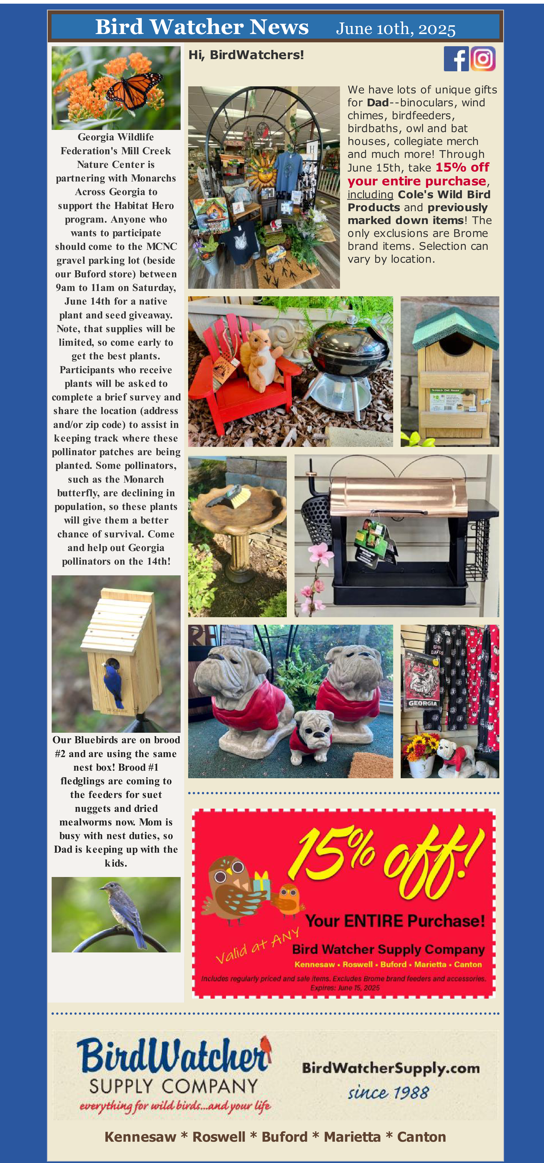 Father's Day, gifts, bluebirds, birdbath, birdhouse, birdfeeder, UGA, grill, smoker, squirrel, owl, pollinators 