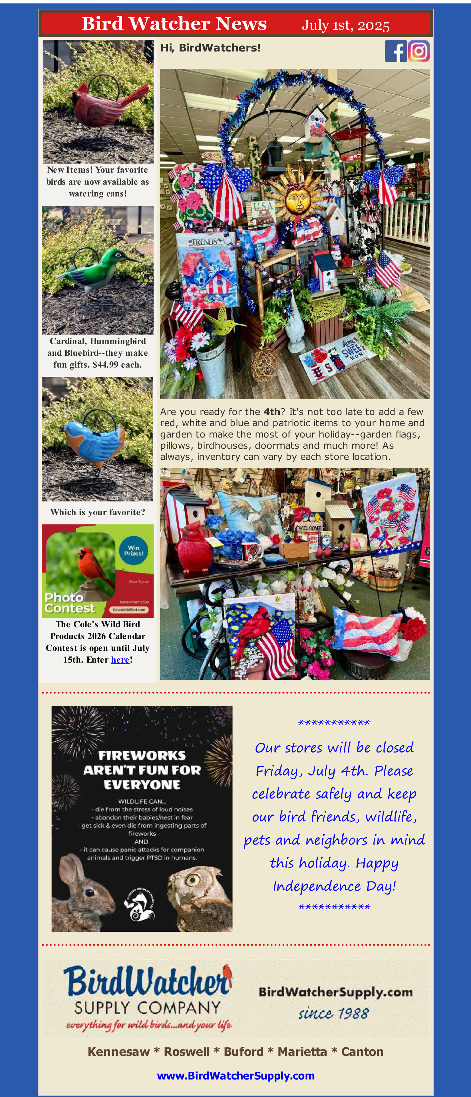 july 4th, patriotic, gifts, bluebirds, birdbath, birdhouse, birdfeeder, garden flags, watering cans, birds, red, white, blue,