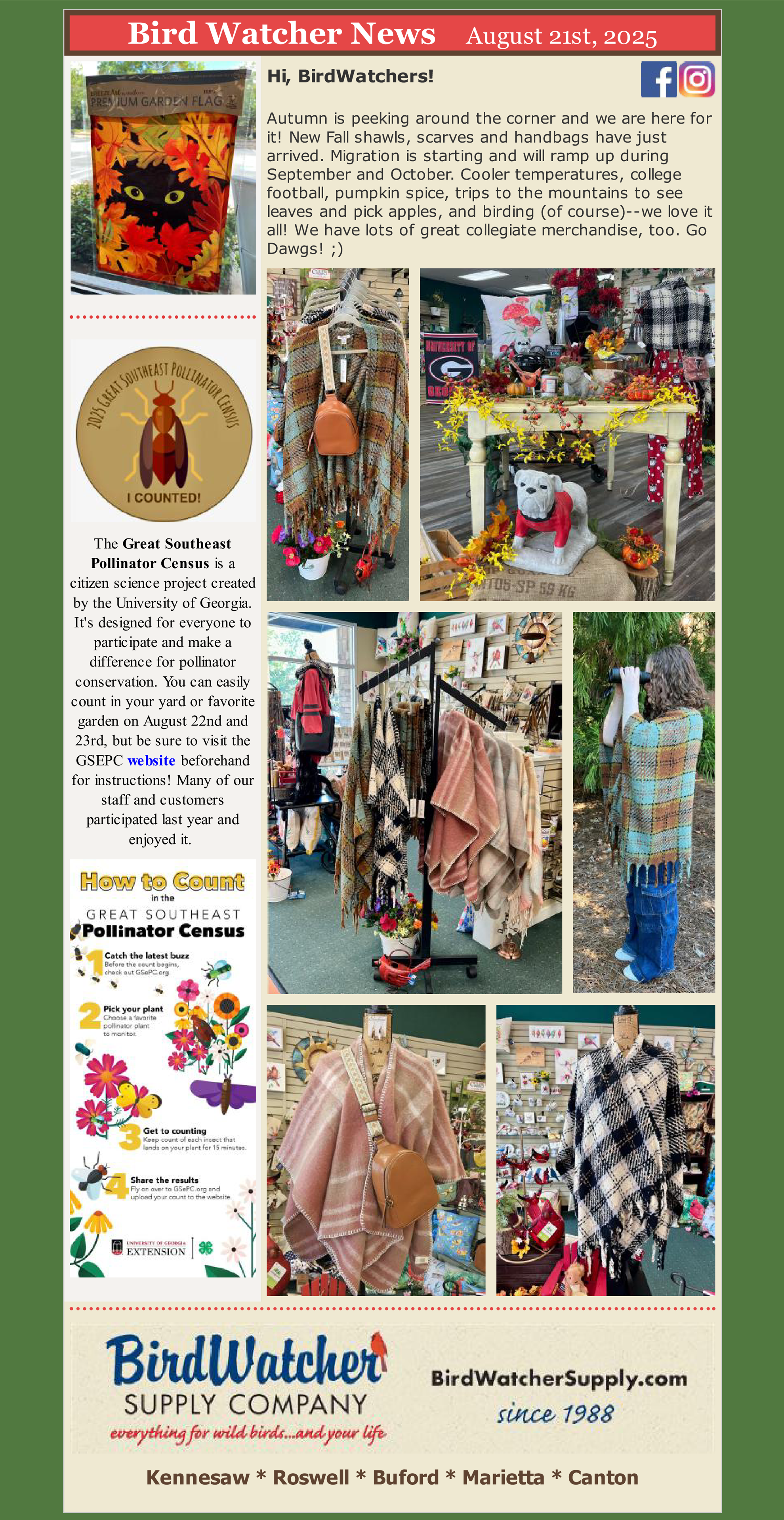 fall, shawls, scarves, handbags, garden, pollinators, butterfly, UGA, bulldogs, pillows, garden flags