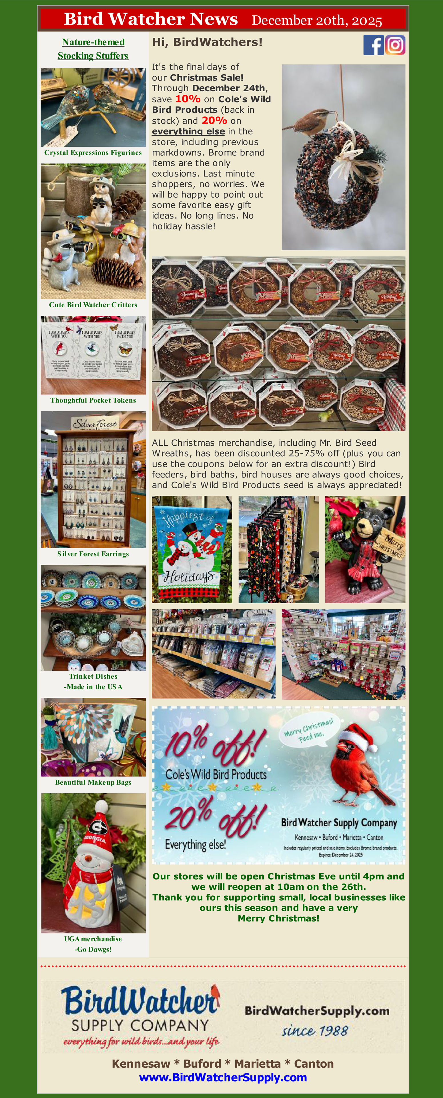 gifts, garden flags, Cole's Wild Bird seed, jewelry, owls, Christmas gifts, pjs, seed wreaths, holiday, cardinals, ornaments 
