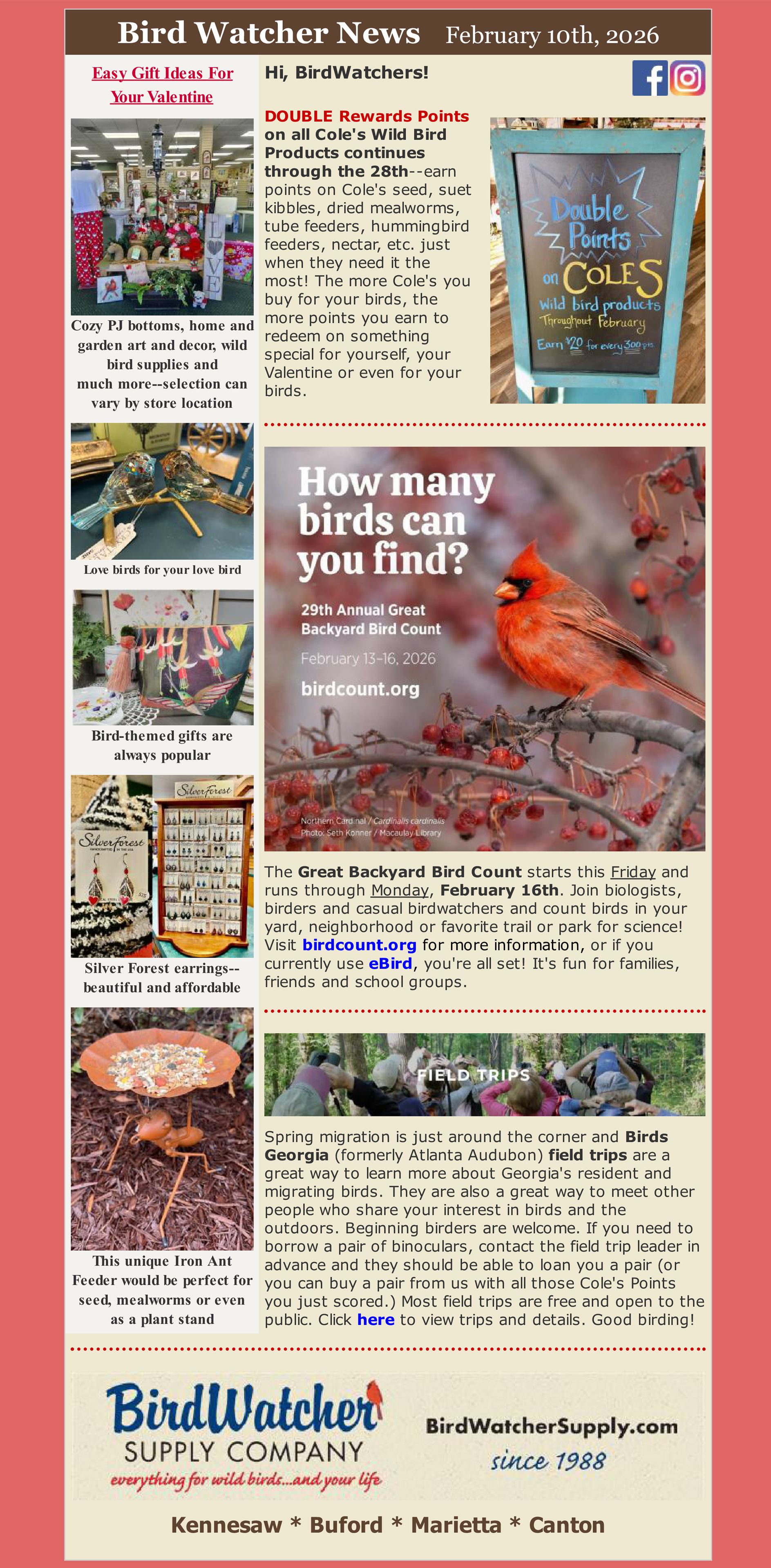 Cole's Wild Bird seed, winter, Valentine's gifts, GBBC, National birdfeeding month