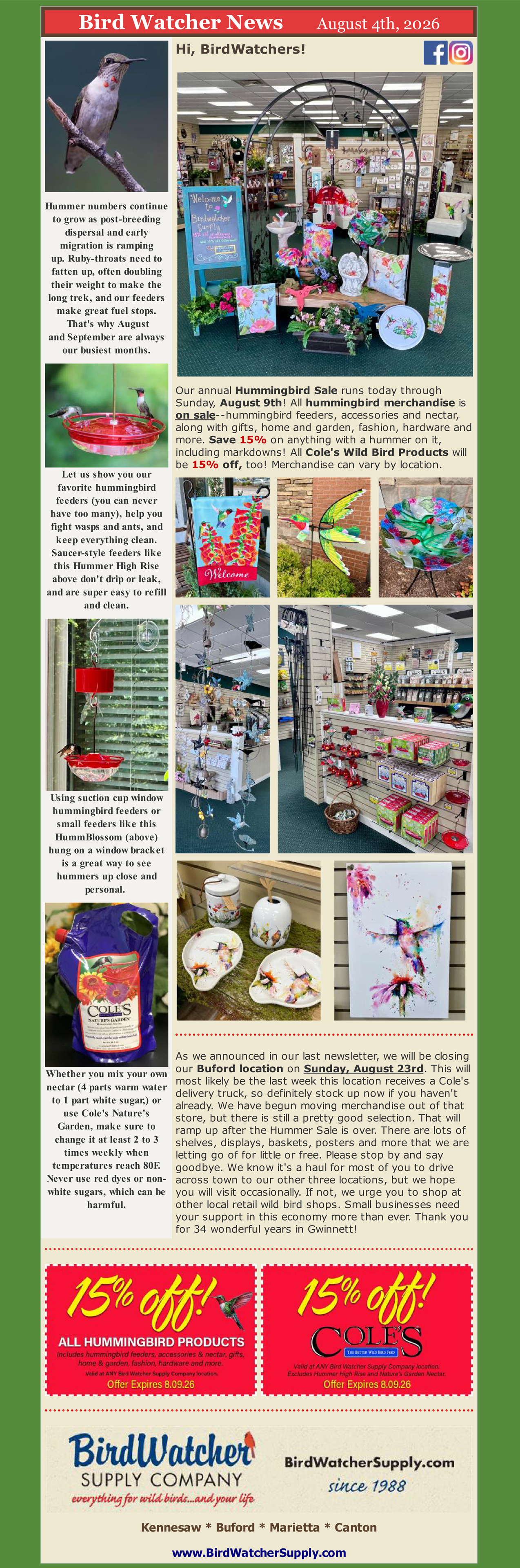 gifts, garden, home, hummingbird, Buford, store closing, Cole's Wild Bird Seed. birdfeeders, sale