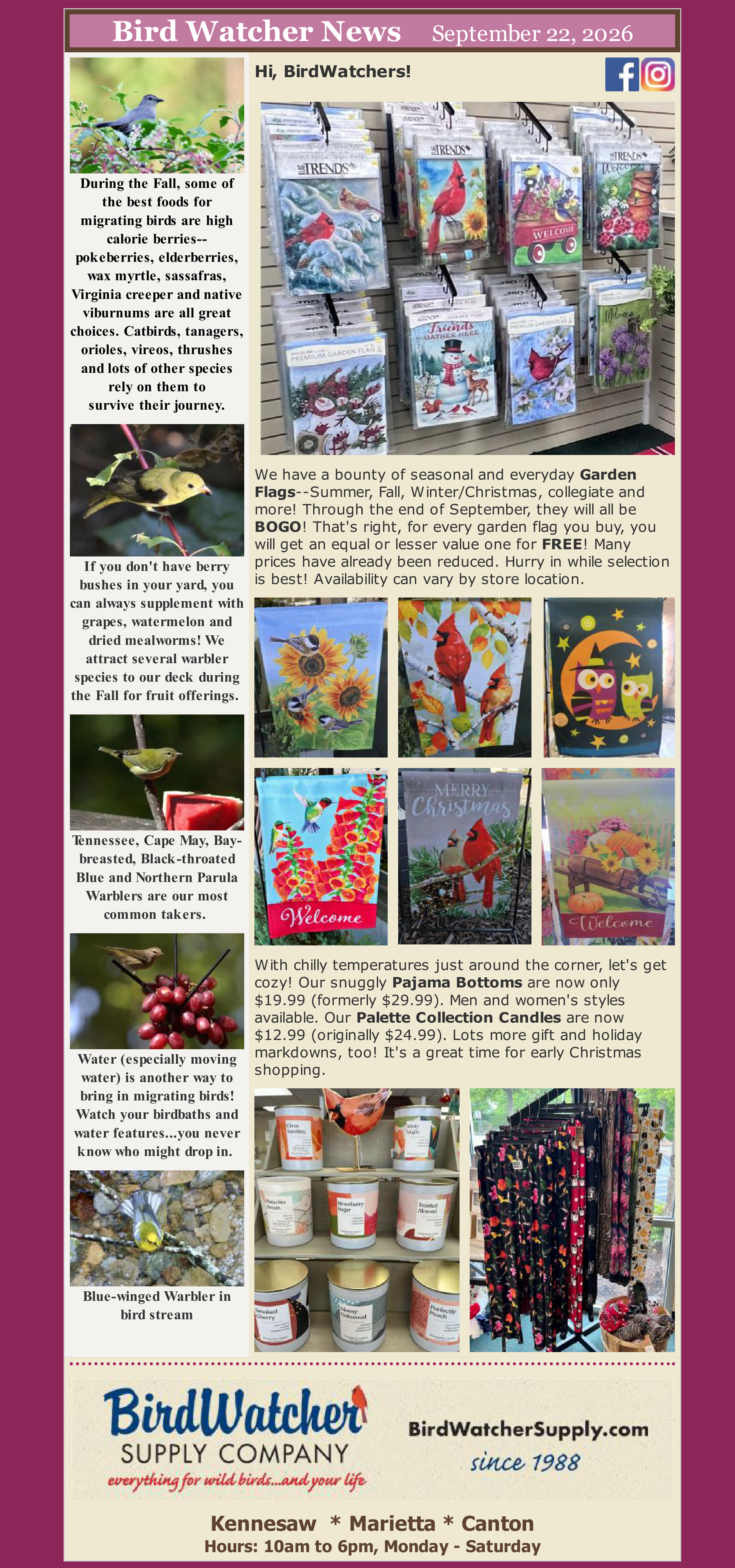 Fall, Migration, berries, garden flags, home decor, candles, pj bottoms, gifts, garden, uga